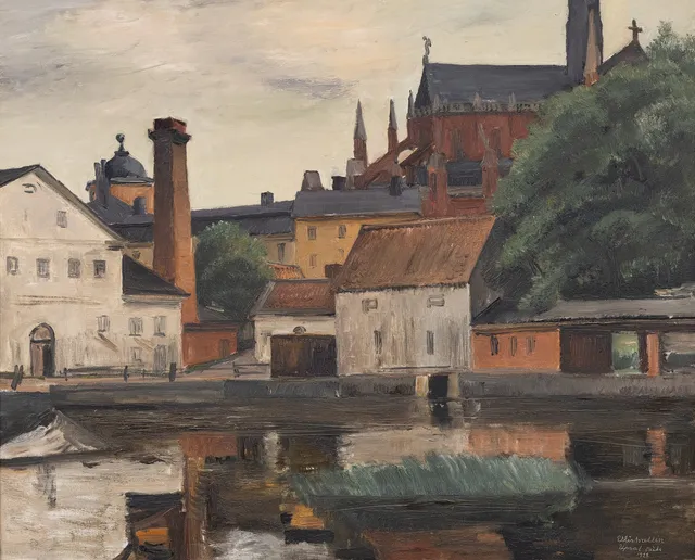 ELLIS WALLIN. Östra Ågatan i Uppsala vid Domkyrkan, olja på duk, signerad och daterad 1928.