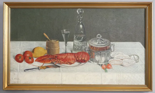 LEONARD WIEDH (1866-1938). STILL LIFE WITH LOBSTER, OYSTERS & DECANTER ON A TABLE.