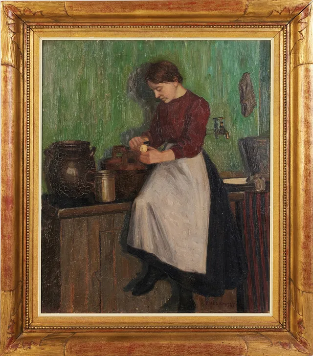 HILDA HEYMAN (Vårgårda 1872-1955 Stockholm ). Kvinna i kök, signerad och daterad 1913 , olja på duk på pannå.