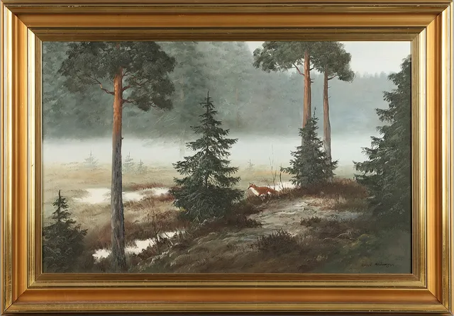 ARVID ANDERSSON. Ensam räv, signerad Arvid Andersson, olja på duk.