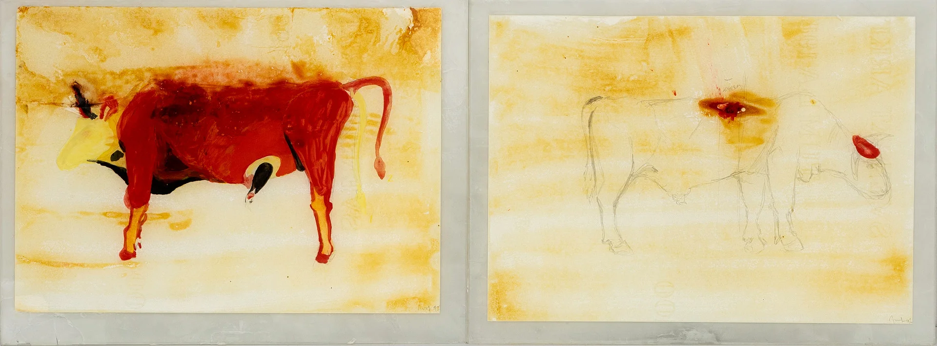ULF ROLLOF. "Tjur 15 och 17", diptyk, papper, pigment, latex och bivax på glas, signerade Rollof, -92. — Other — Auktionshuset Kolonn