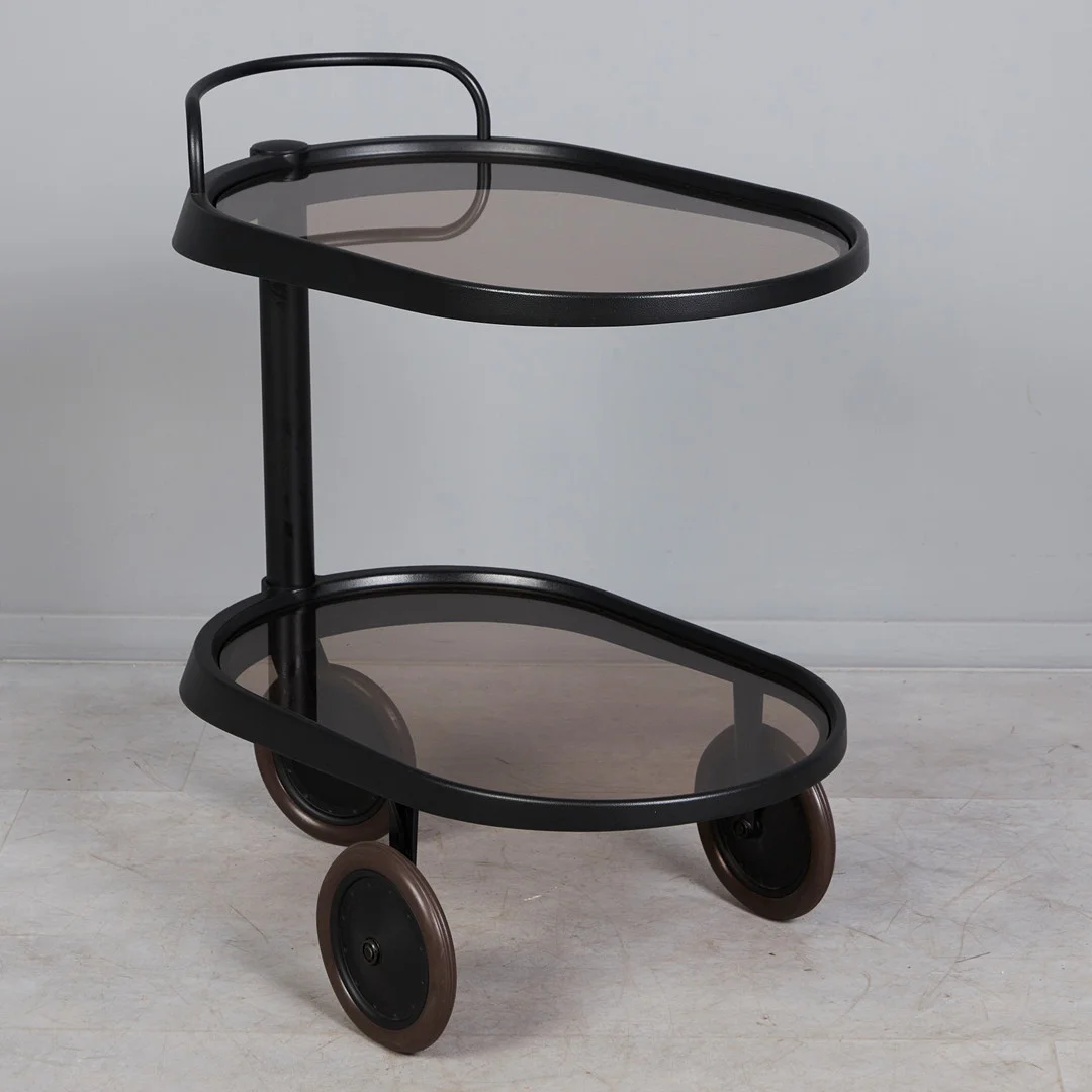 ENZO MARI. für Alessi, Barwagen / Servierwagen, Modell 'Emsta', Aluminium, Glas, 1980er Jahre, Italien. — Other — Stockholms Auktionsverk Köln