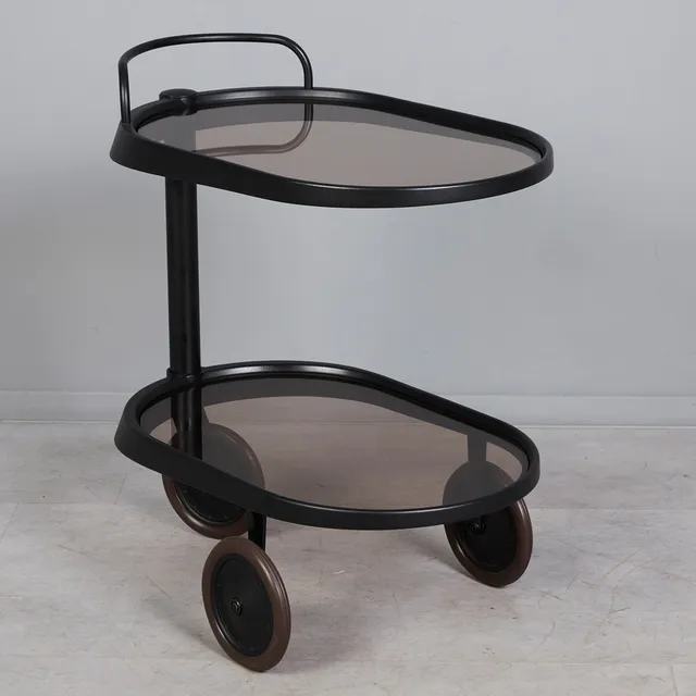 ENZO MARI. für Alessi, Barwagen / Servierwagen, Modell 'Emsta', Aluminium, Glas, 1980er Jahre, Italien.