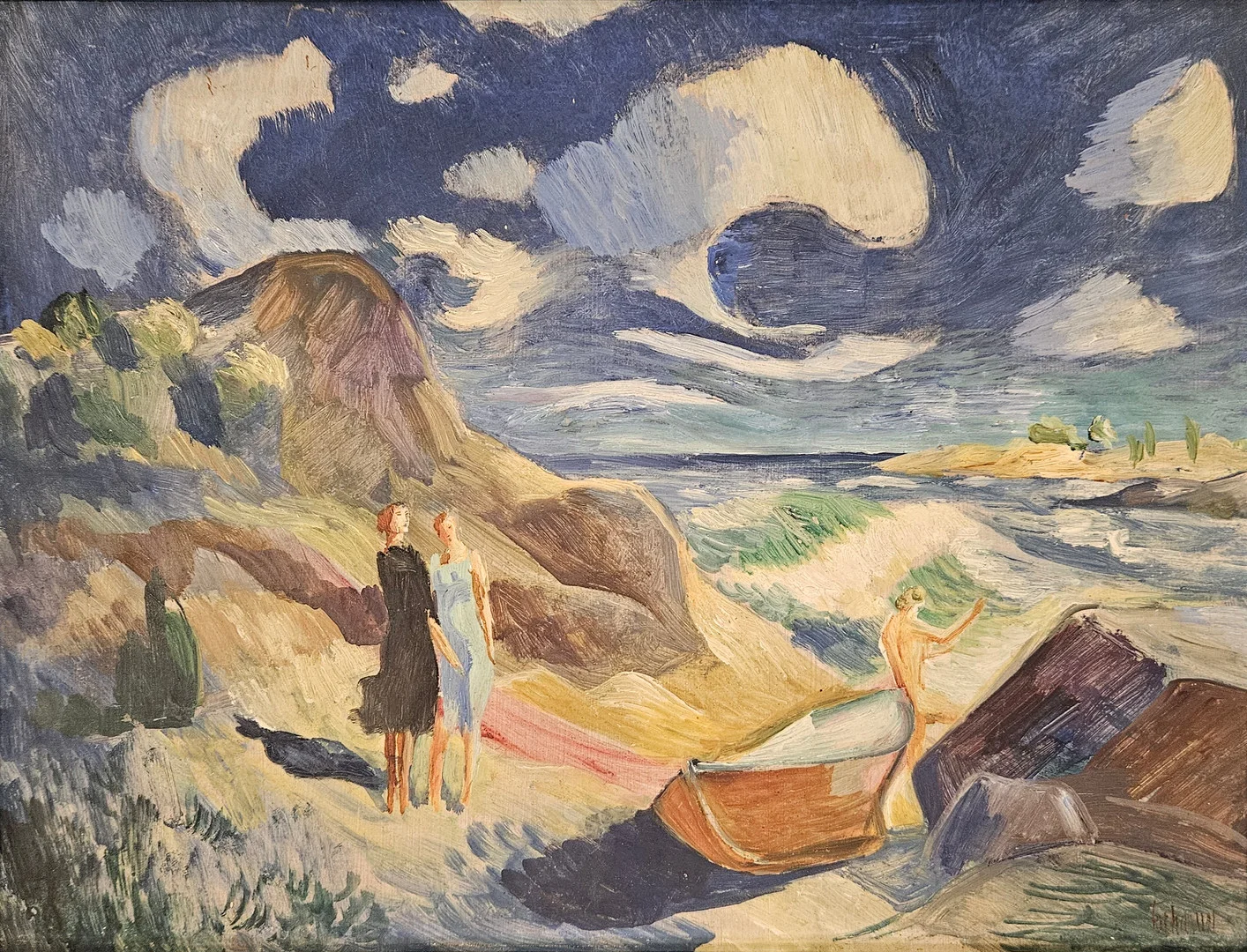 GUNNAR TORHAMN. Kustlandskap med båt och människor. Olja på pannå, signerad Torhamn. — Paintings — Auktionshuset Thörner & Ek