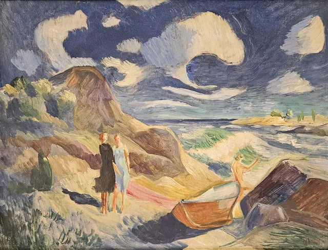 GUNNAR TORHAMN. Kustlandskap med båt och människor. Olja på pannå, signerad Torhamn.