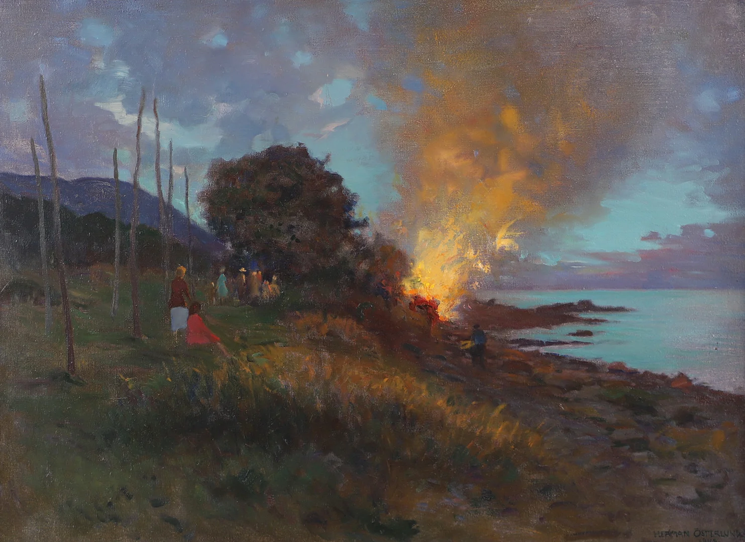 HERMAN ÖSTERLUND. "Midsommareld 1942", olja på duk, signerad. — Paintings — Helsingborgs Auktionskammare