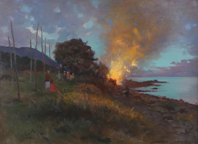 HERMAN ÖSTERLUND. "Midsommareld 1942", olja på duk, signerad.