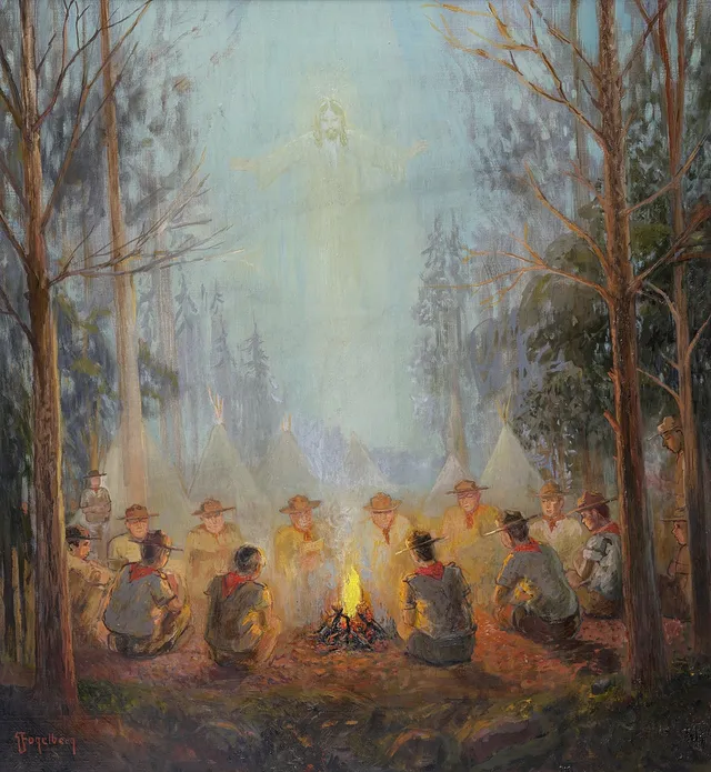 GUSTAF FOGELBERG. " Motiv Scoutläger " Olja på duk, signerad.