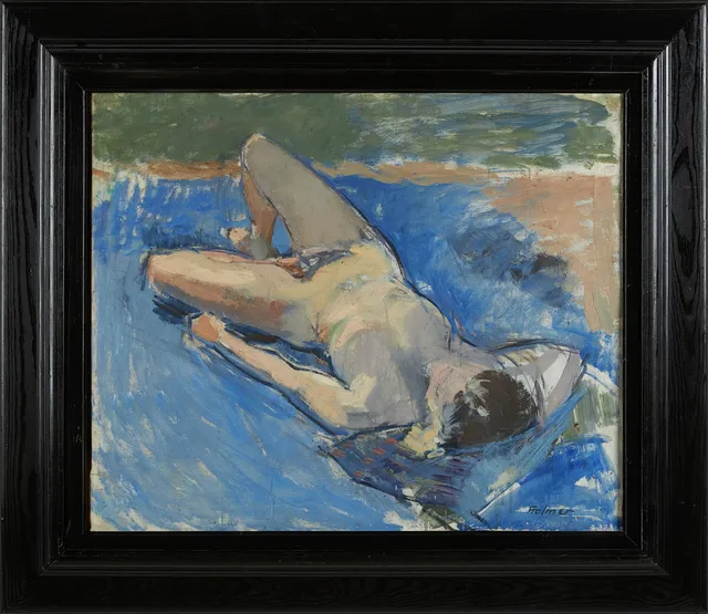 FRITZ HOLMER (1906-1967). Nakenstudie föreställandes en man liggandes på en blå handduk, olja på duk, signerad och daterad Holmer.