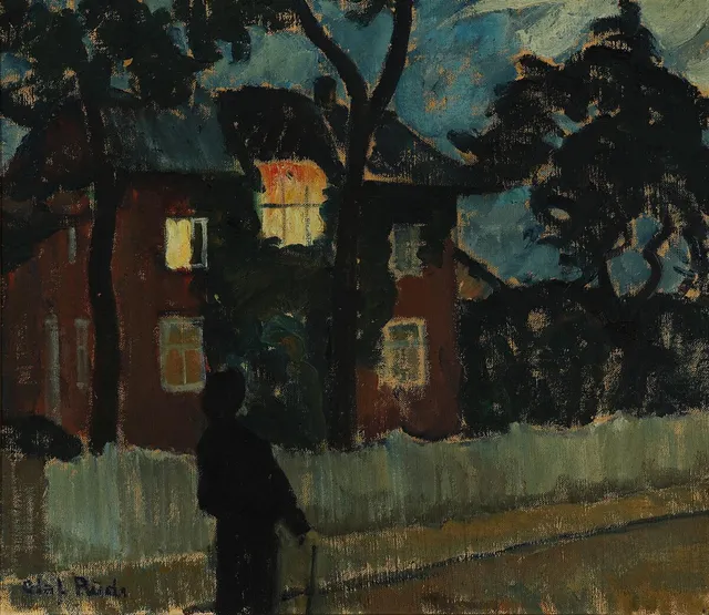 “Her boede Edith” (Edith Lived here), Holger Drachmann, The Sacred Fire. Signed Olaf Rude. Oil on canvas. 53×61 cm.