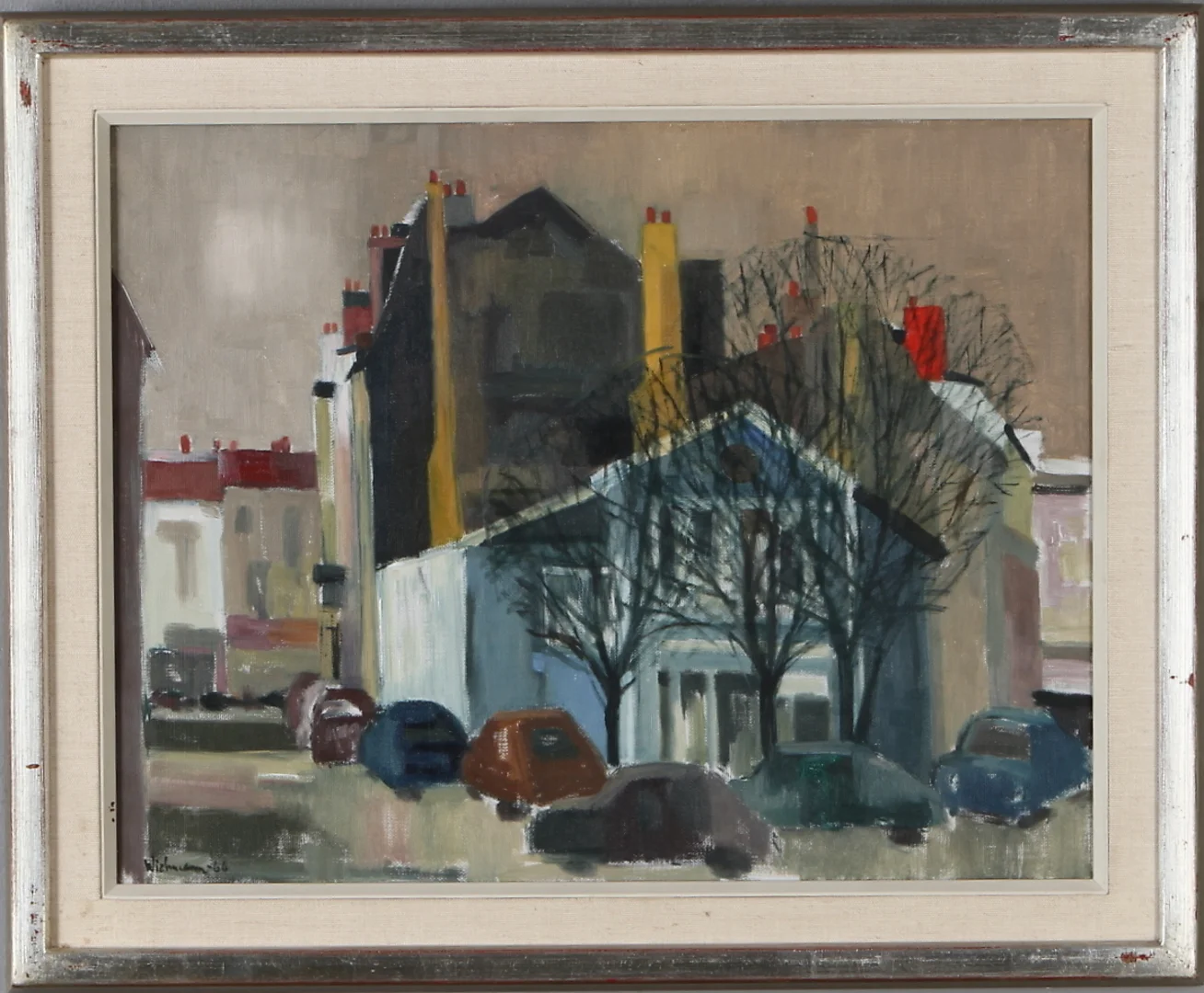 HARRY WICHMANN. Stadsmotiv med bilar, olja på pannå, signerad och daterad -66. — Paintings — Auktionshuset Kolonn