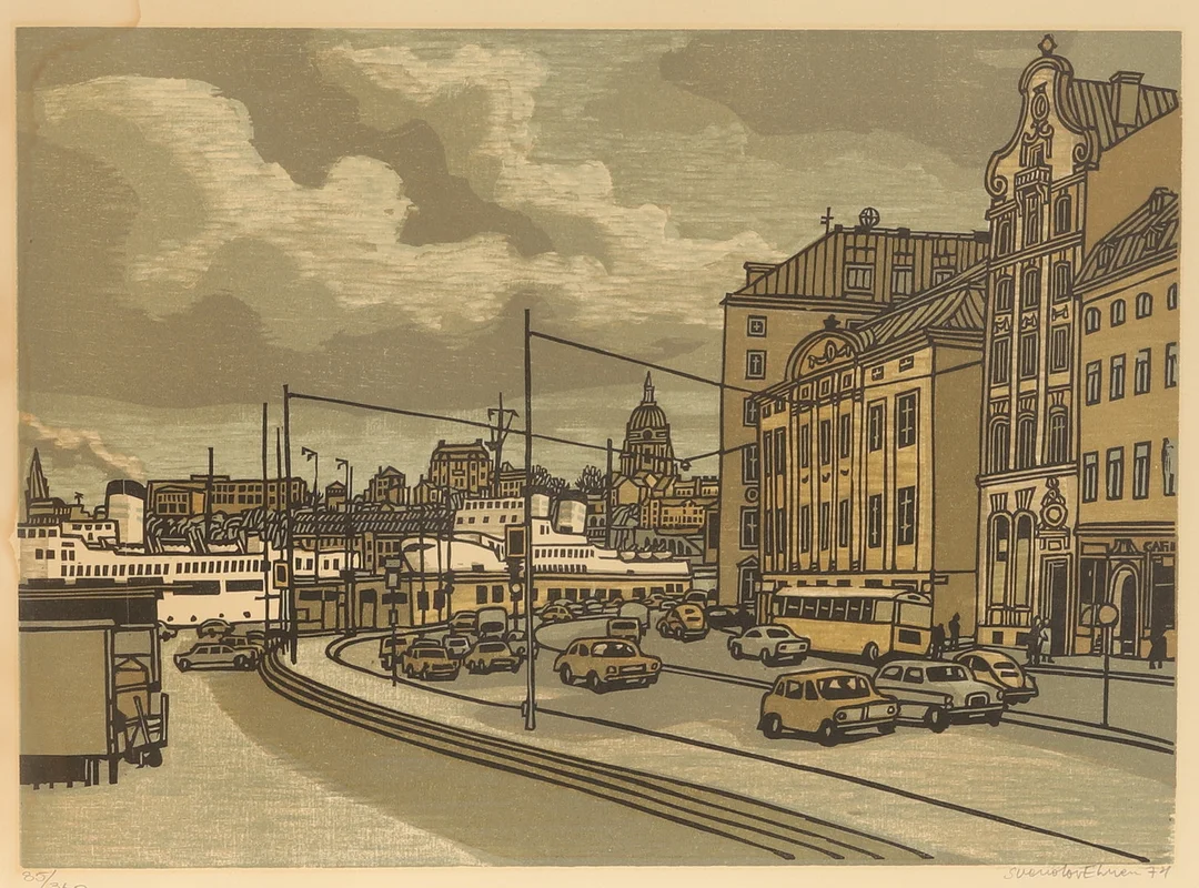 SVENOLOV EHRÉN. Färglitografi, Stockholmssmotiv, signerad och numrerad. — Engravings & Prints — RA Auktionsverket Norrköping