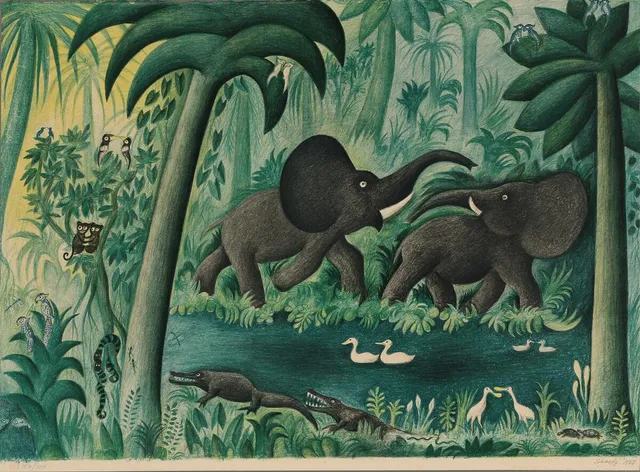 “Ved skovsøen”. Signed Scherfig 1977, 157/300. Lithograph in colours. Sheet size 56 × 76 cm.