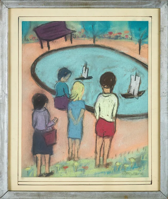 OLLE IDEWALL. Figurer vid damm, pastell på papper, signerad samt daterad 49.