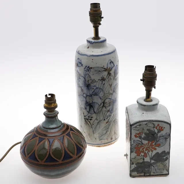 THREE STUDIO POTTERY TABLE LAMPS.