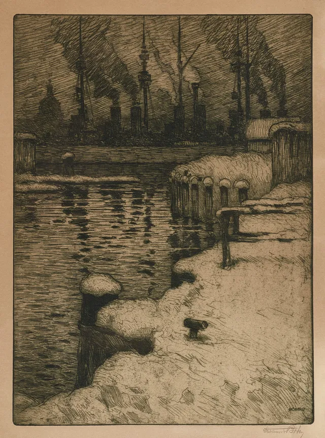 FERDINAND BOBERG (1860-1946), Stockholmsvy med fartyg vid kaj, signerad, etsning.