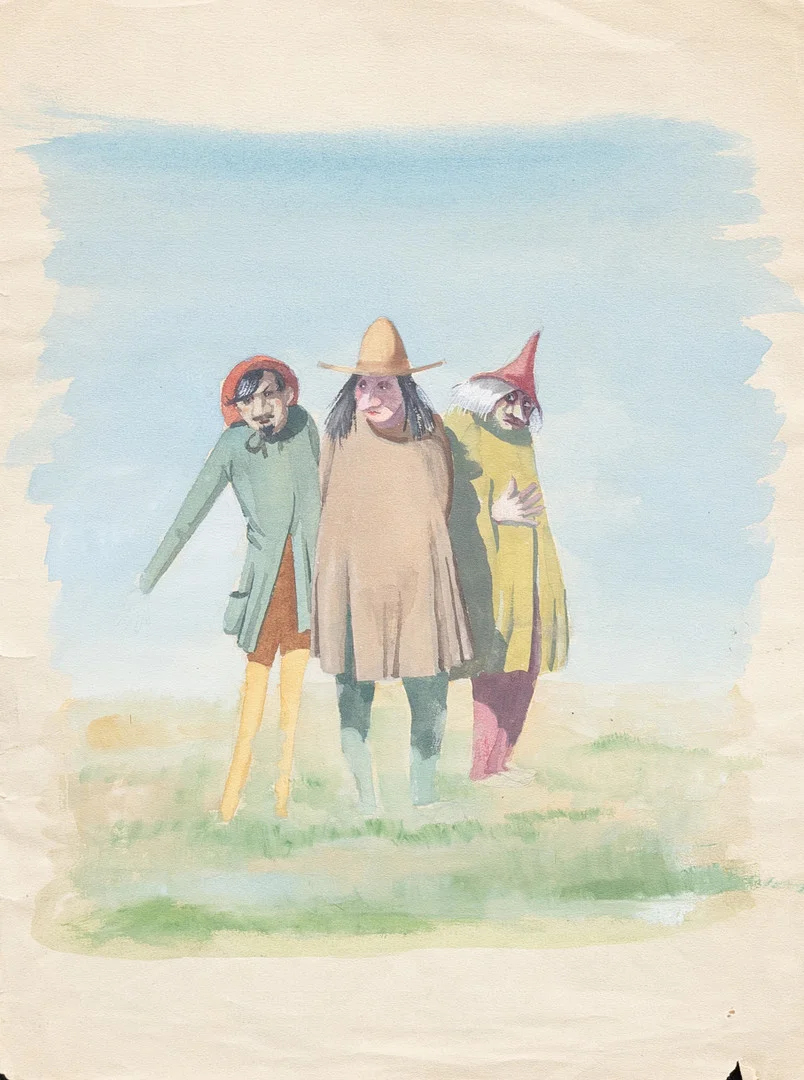 AXEL LUND (1919-1997). TILLSKRIVEN. Tre män på äng, gouache, osignerad. — Paintings — Garpenhus Auktioner