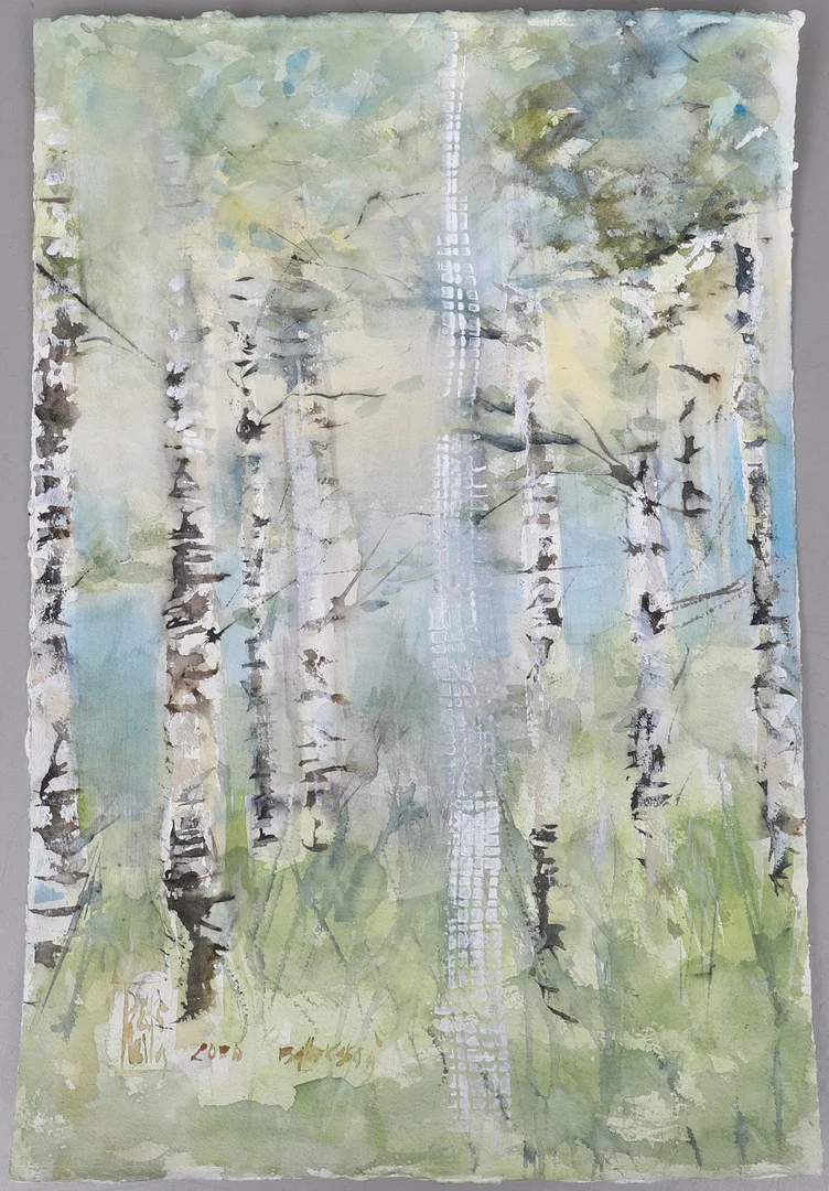 LEILA VAN DYKE. "Björkskog", akvarell, signerad och daterad 2020. — Paintings — Gomér & Andersson Norrköping