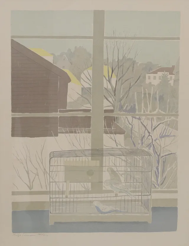 HUGO SIMSON. Fågelbur på fönsterbräda, litografi, signerad och numrerad 186/260.