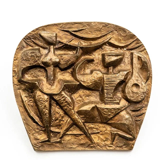 STIG BLOMBERG. Relief, patinerat brons, "Harlekin och Colombina", signerad S. Blomberg, gjutarmärkt H. Bergman 267.