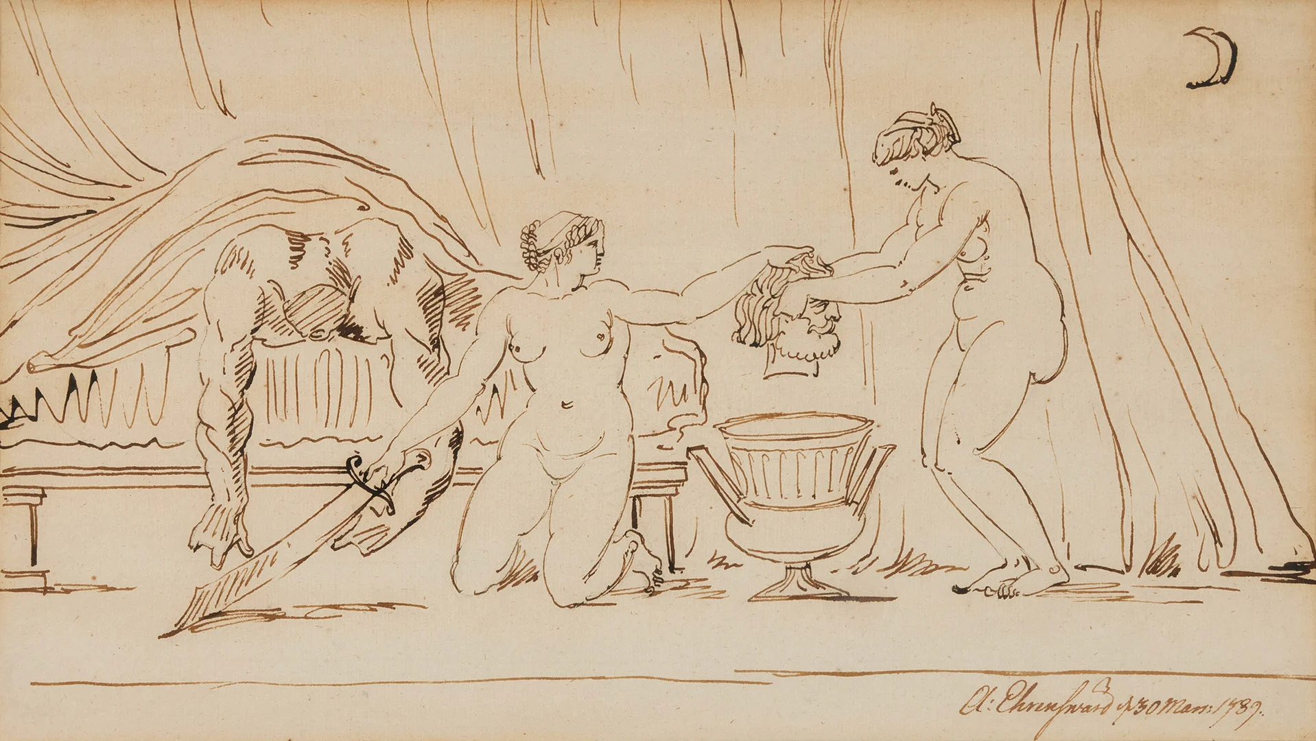 CARL AUGUST EHRENSVÄRD. Judit med Holofernes huvud, tuschteckning, 18x32 cm. — Drawings — Stockholms Auktionsverk Fine Art