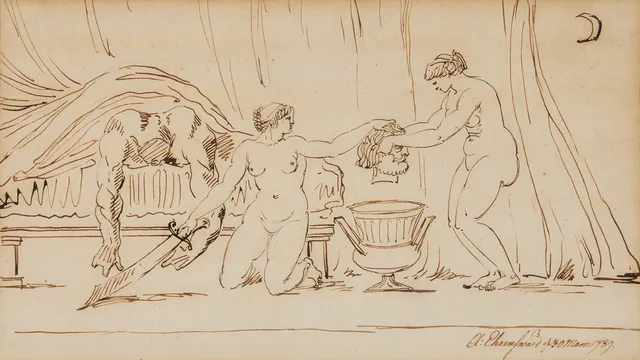 CARL AUGUST EHRENSVÄRD. Judit med Holofernes huvud, tuschteckning, 18x32 cm.