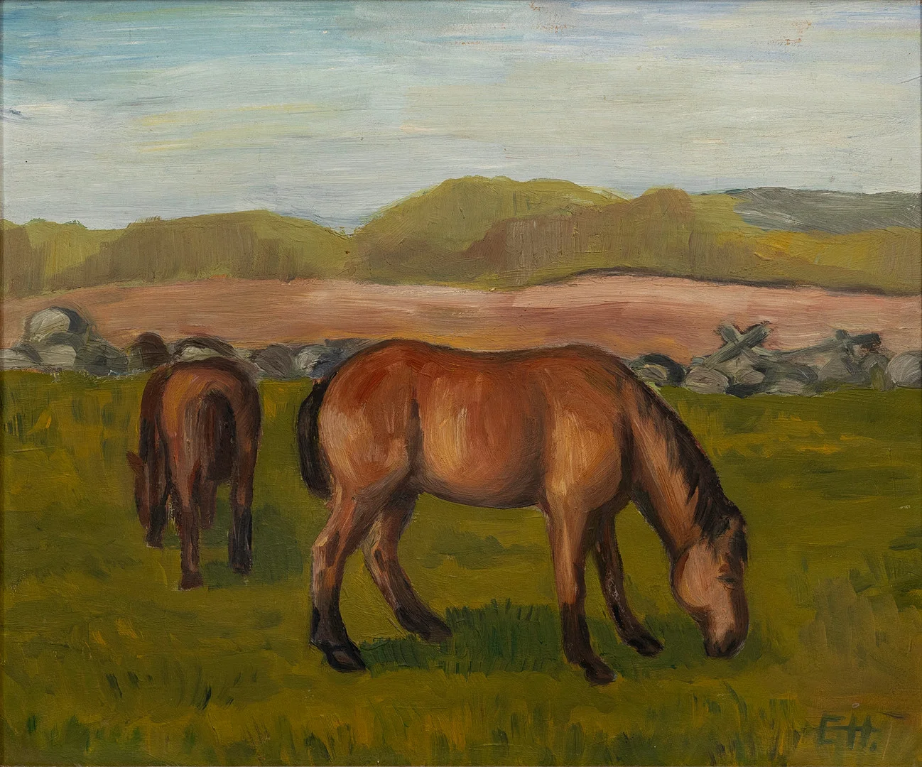 ENNO HALLEK. Hästar, olja på pannå, monogramsignerad. — Paintings — Auktionshuset Kolonn