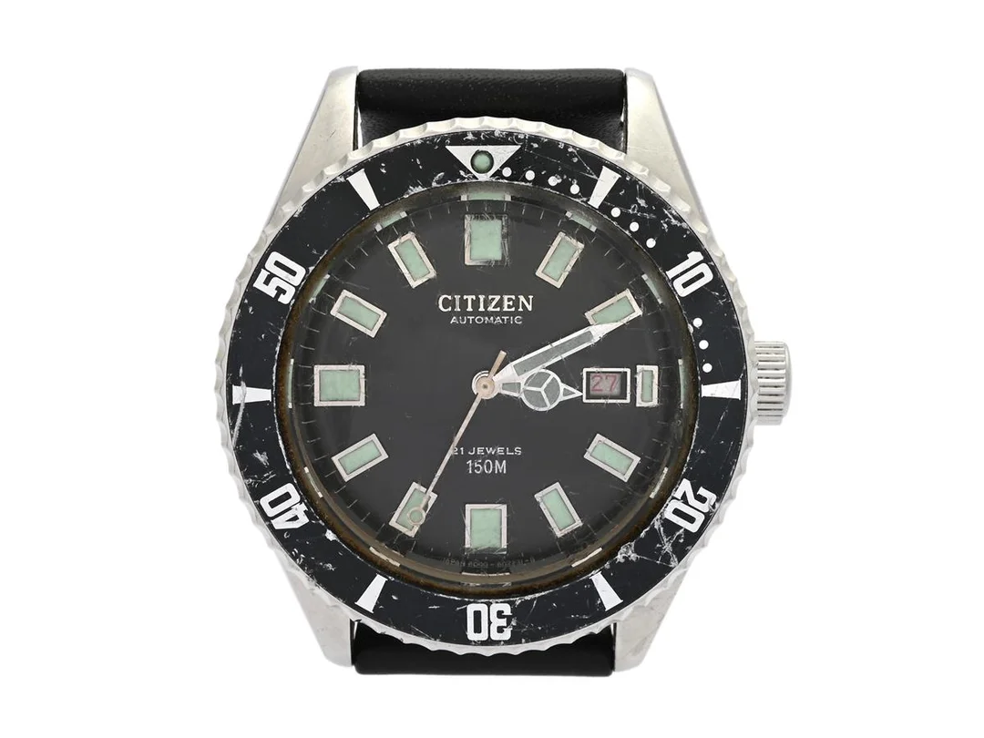 CITIZEN, Challenge Diver, "150M", Cal 6001, Serie nr. 41210949, Boett nr. 4-600851 Y / 62-6198, herrur, 40,5 mm, stål, automatisk, mineralglas (skadat), datum, läderband, ca 1974. — Klockor/Citizen — Kaplans
