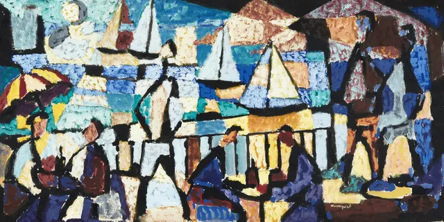 LOLO HOLMQUIST (1920-2004). "Terrassen vid havet", signerad Holmqvist, blandteknik.