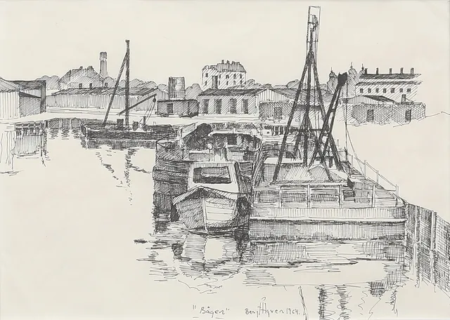 BENGT ÅGREN. "Bågen", Kalmar. Tuschteckning, signerad och daterad 1964.
