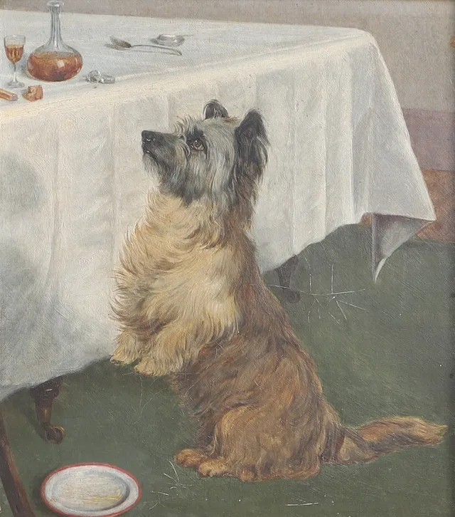 ATTRIBUTED TO CLÉMENT BURLISON (1815-1899). A BEGGING CAIRN TERRIER BEFORE A DINING TABLE.