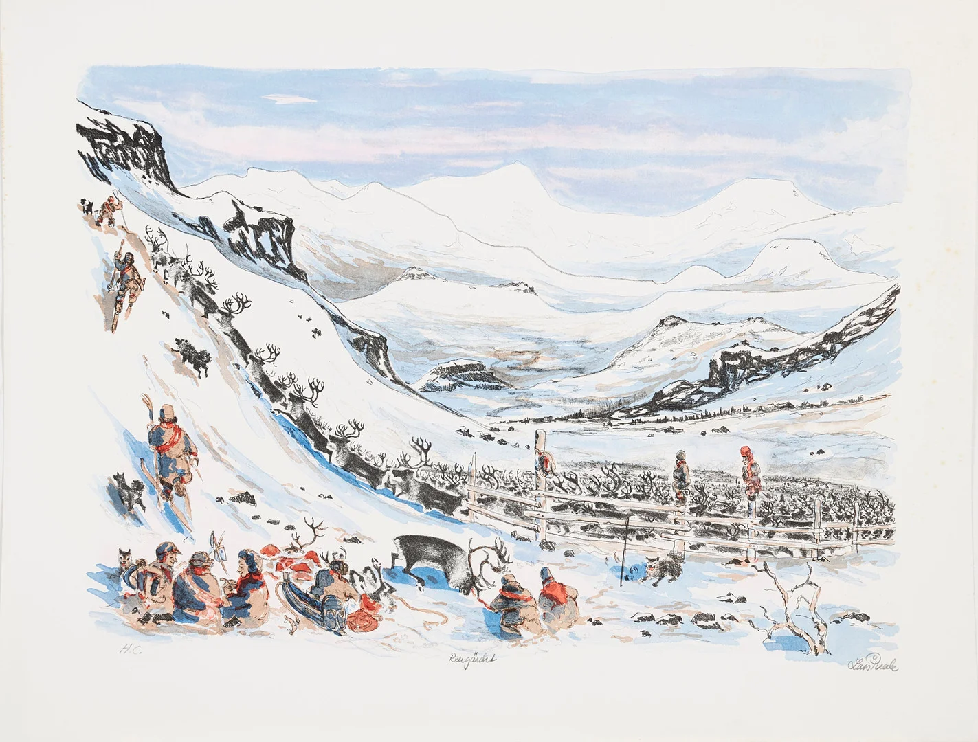 LARS PIRAK. "Rengärdet", färglitografi, signerad Lars Pirak. H.C. — Engravings & Prints — Stockholms Auktionsverk Sickla
