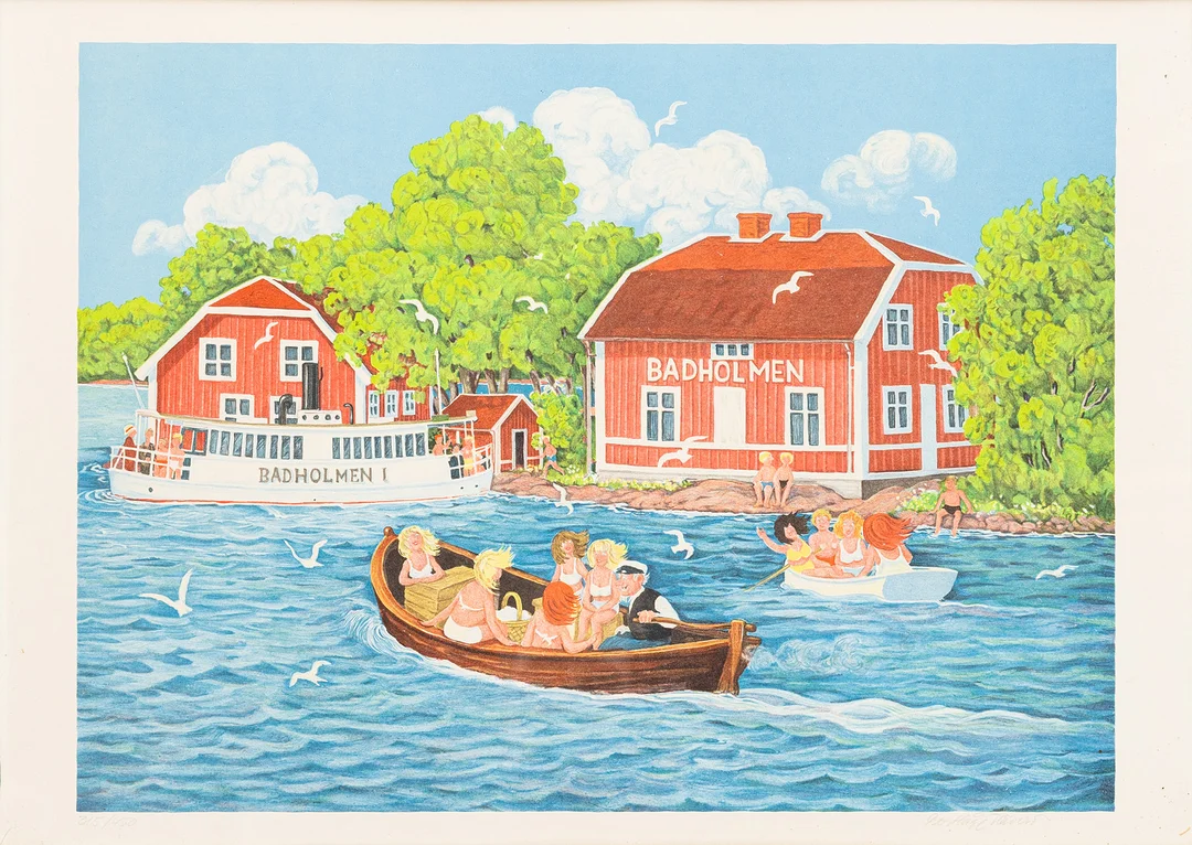 BERT HÅGE HÄVERÖ. "Badholmen", färglitografi, signerad och numrerad, 315/450. — Engravings & Prints — Auktionshuset Kolonn