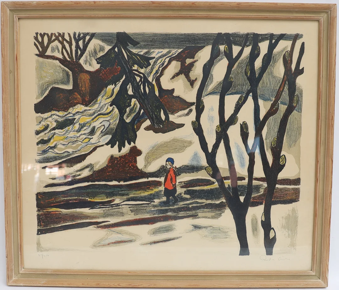 REIDAR AULIE. Skogsbild med figur, färglitografi, signerad och numrerad. — Engravings & Prints — Falun Auktionsbyrå