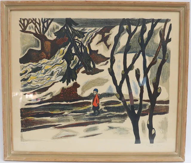REIDAR AULIE. Skogsbild med figur, färglitografi, signerad och numrerad.