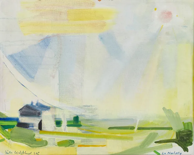 NILS BJÖRKLUND (1912‑2005): "Sol över La ferme i la Natelle, signerad och daterad Nils Björklund, gouache på pannå.