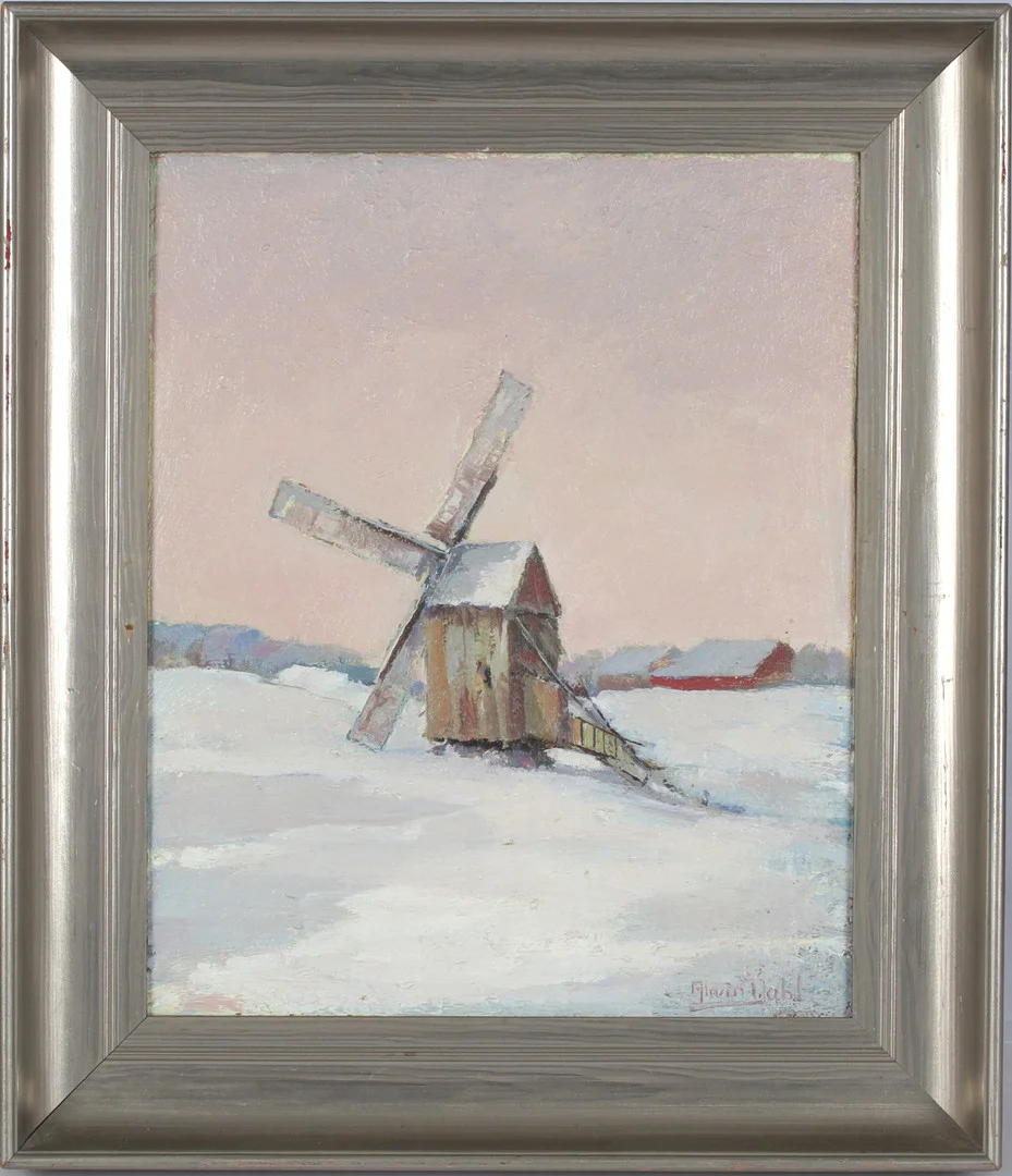 ALWIN DAHL. Väderkvarn, olja på pannå, signerad. — Paintings — Stadsauktion Sundsvall