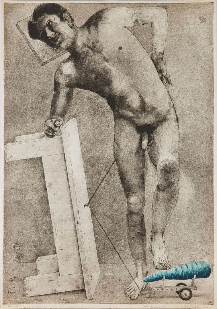 PÄR GUNNAR THELANDER (FÖDD 1936). "Man med blå morot" (Lutande man), färgetsning, moroten utsågad och separatinfärgad, 1976. — Engravings & Prints — Stockholms Auktionsverk Magasin 5