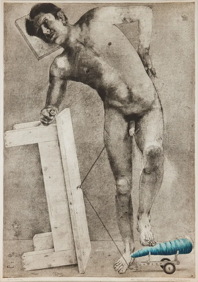 PÄR GUNNAR THELANDER (FÖDD 1936). "Man med blå morot" (Lutande man), färgetsning, moroten utsågad och separatinfärgad, 1976.