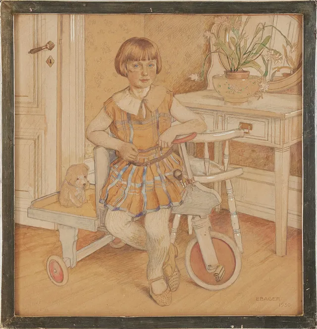 EINAR BAGER (1887-1990). Flicka på cykel.