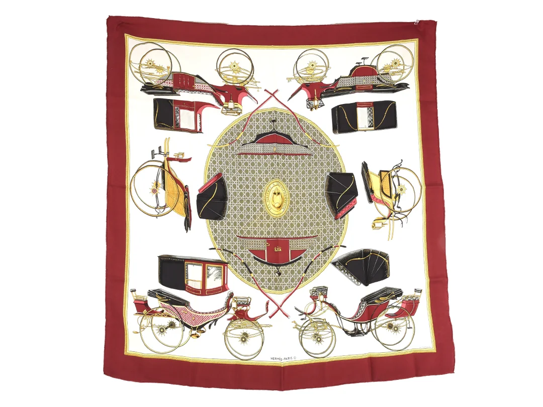 SCARF, HERMÈS, Les Voitures a Transformation, Francoise de la Perrier, 100% siden, 90x90cm, brunröd, vit, grön. — Accessoarer/Scarves — Kaplans