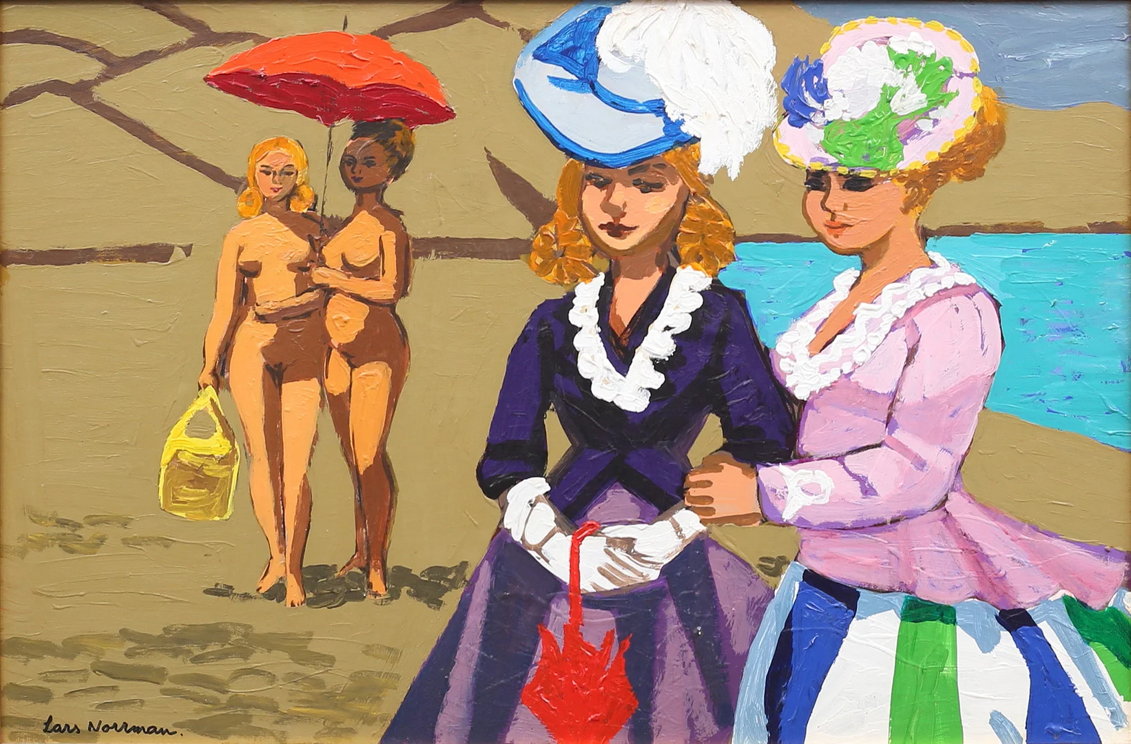LARS NORRMAN (1915-1979). Kvinnor på strand, olja på pannå, signerad. — Paintings — Garpenhus Auktioner