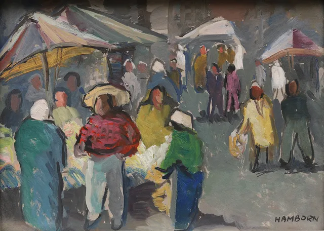 AXEL HAMBORN. Marknadsscen, gouache på kartongpanå.