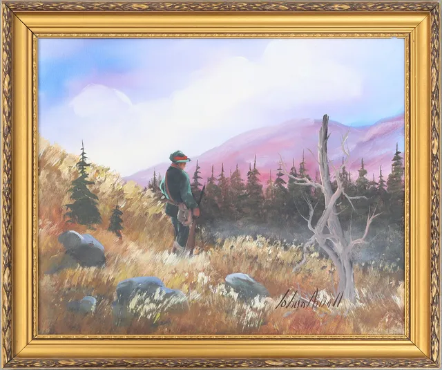 JOHAN ARVALL. olja på duk, Jägare på myren, signerad Johan Arvall.
