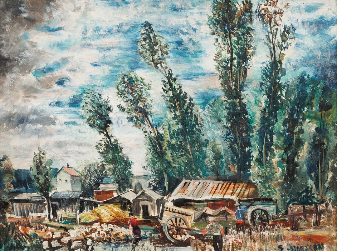 ERIK JÖNSSON. "Blåsig dag, Frankrike, 1928", olja på pannå, signerad. — Paintings — Garpenhus Auktioner