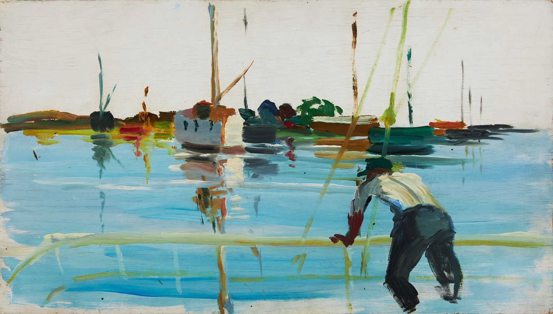 UNTO KAIPAINEN (1906-1971). hamnmotiv, olja på pannå, signerad och även bemålad a tergo med motiv föreställande man. — Paintings — Stockholms Auktionsverk Magasin 5