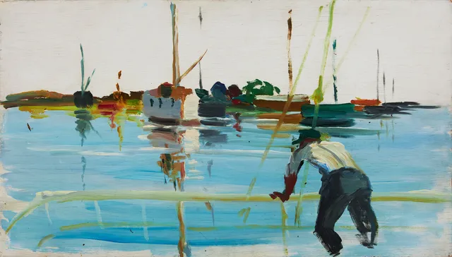 UNTO KAIPAINEN (1906-1971). hamnmotiv, olja på pannå, signerad och även bemålad a tergo med motiv föreställande man.