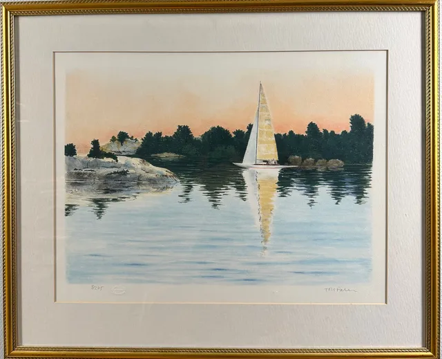 TORE PALM (FÖDD 1933). Segelbåt, färglitografi, signerad och numrerad i blyerts Tore Palm 3/275.