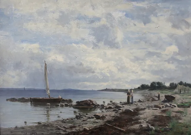 OLOF JERNBERG. Kustlandskap med fiskare och segelbåt. Olja på duk. Signerad och daterad 1879.
