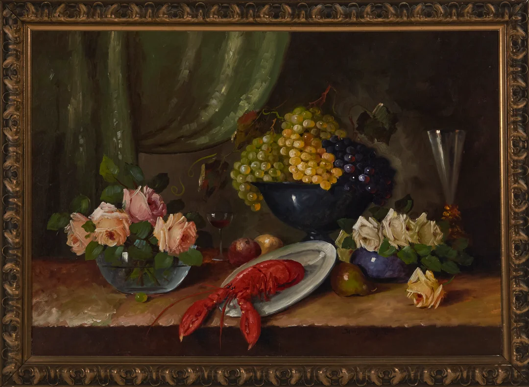 Fischer, Holger — Stilleben med hummer og roser — Kunst/Maleri — Blomqvist